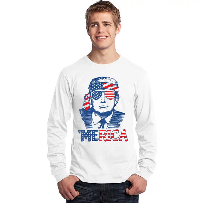 Merica Trump Happy 4th Of July Trump American Flag Tall Long Sleeve T-Shirt