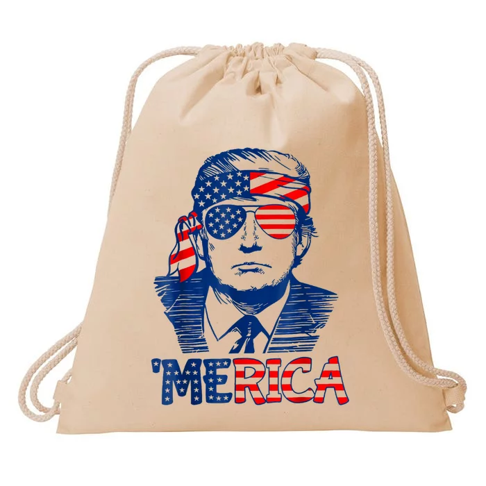 Merica Trump Happy 4th Of July Trump American Flag Drawstring Bag