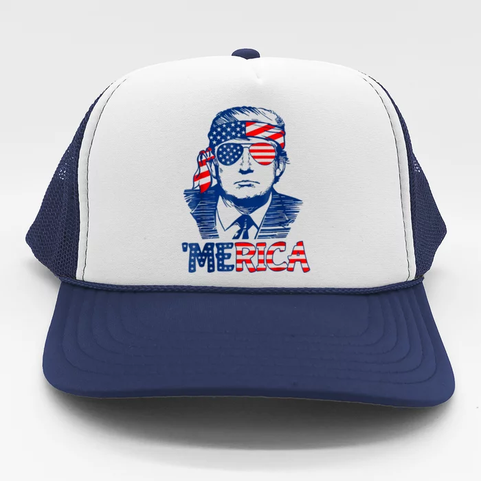 Merica Trump Happy 4th Of July Trump American Flag Trucker Hat