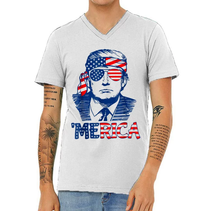 Merica Trump Happy 4th Of July Trump American Flag V-Neck T-Shirt