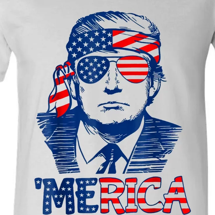 Merica Trump Happy 4th Of July Trump American Flag V-Neck T-Shirt