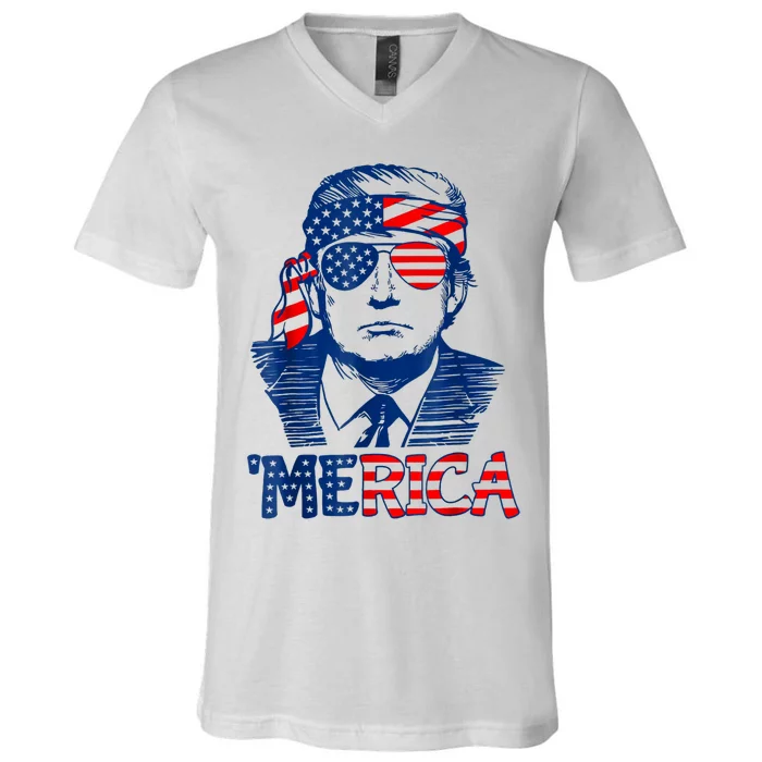 Merica Trump Happy 4th Of July Trump American Flag V-Neck T-Shirt