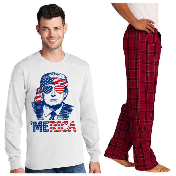 Merica Trump Happy 4th Of July Trump American Flag Long Sleeve Pajama Set