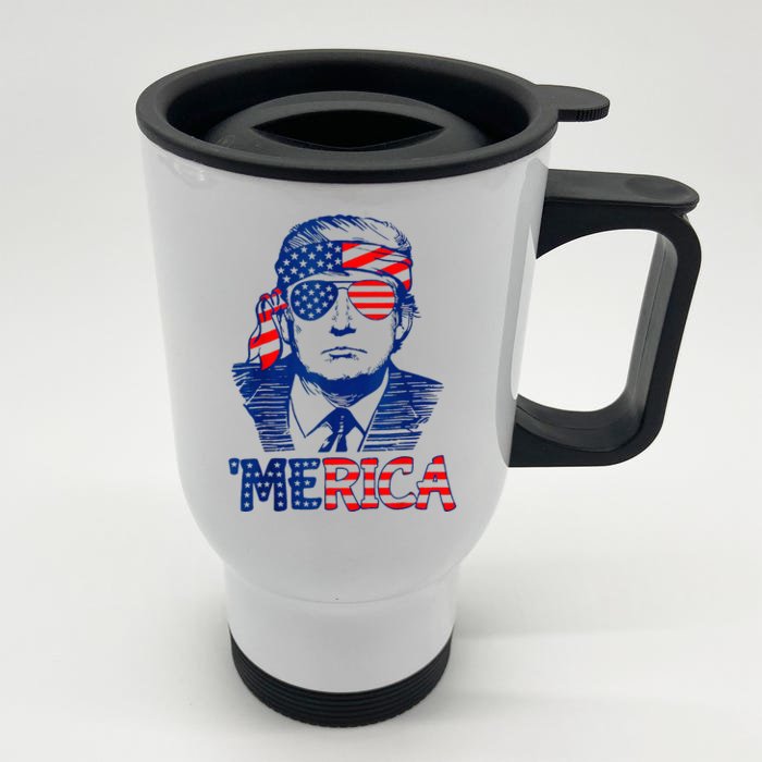 Merica Trump Happy 4th Of July Trump American Flag Front & Back Stainless Steel Travel Mug