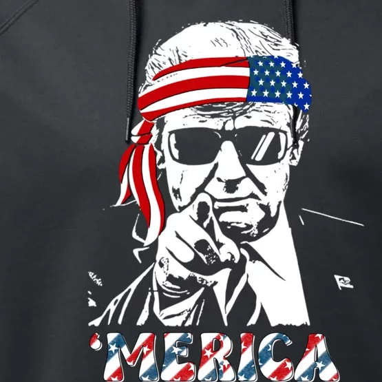 Merica Trump Happy 4th Of July Trump American Flag Performance Fleece Hoodie