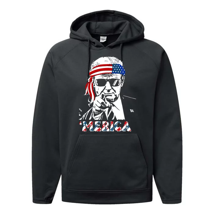 Merica Trump Happy 4th Of July Trump American Flag Performance Fleece Hoodie