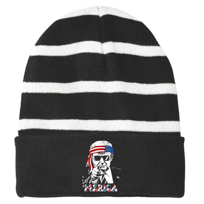 Merica Trump Happy 4th Of July Trump American Flag Striped Beanie with Solid Band