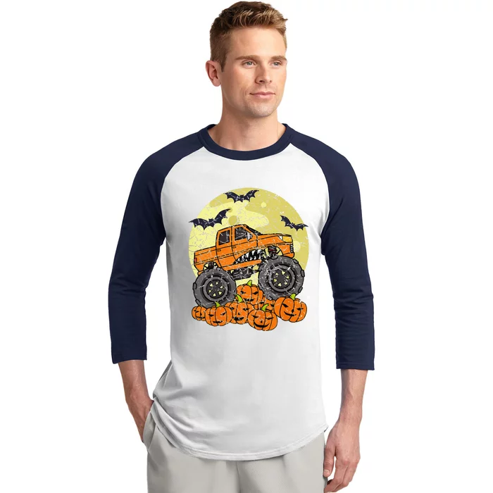 Monster Truck Halloween Jack O Lantern Moon Pumpkin Baseball Sleeve Shirt