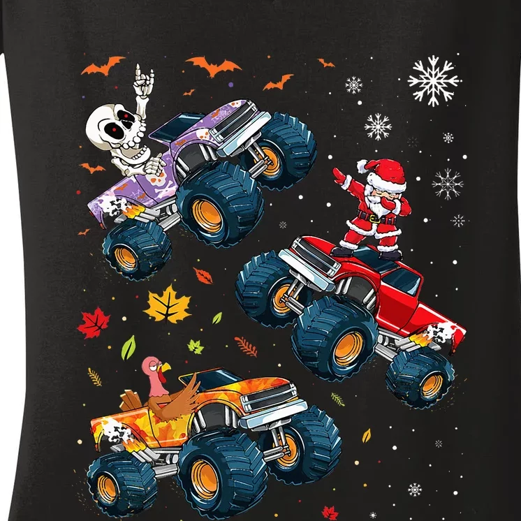 Monster Truck Kids Happy Hallothanksmas Women's V-Neck T-Shirt