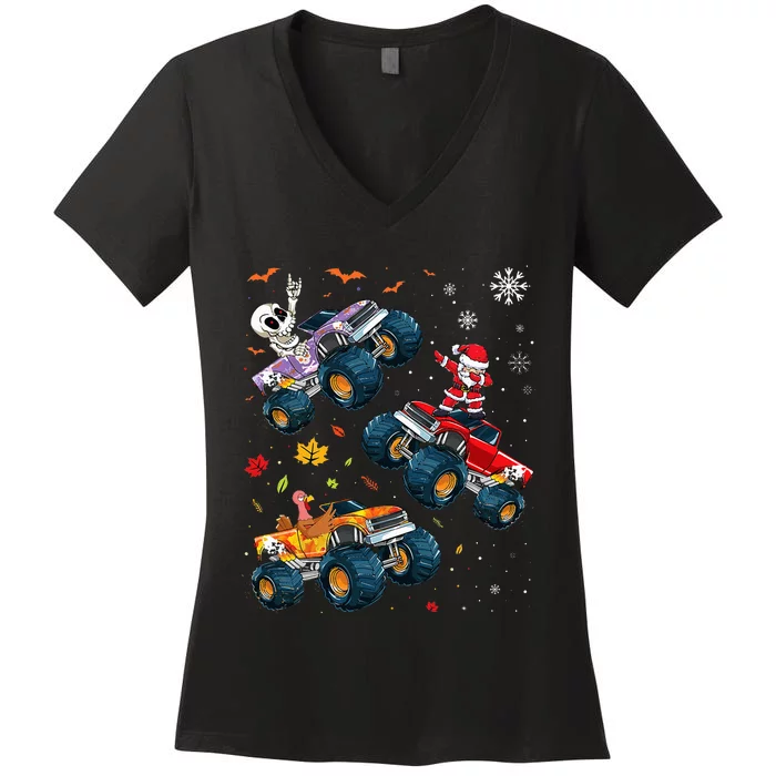 Monster Truck Kids Happy Hallothanksmas Women's V-Neck T-Shirt