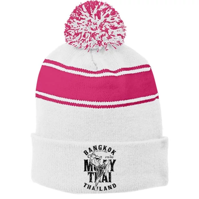 Muay Thai Kickboxing Bangkok Thailand Distressed Graphic Stripe Pom Pom Beanie