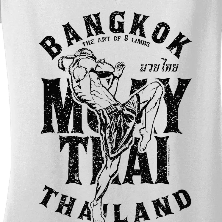 Muay Thai Kickboxing Bangkok Thailand Distressed Graphic Women's V-Neck T-Shirt