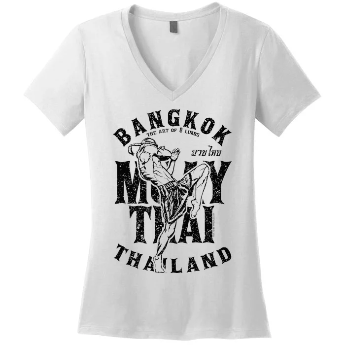 Muay Thai Kickboxing Bangkok Thailand Distressed Graphic Women's V-Neck T-Shirt