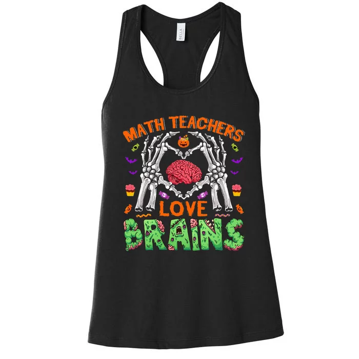 Math Teacher Love Brain Heart Skeleton Hand Zombie Halloween Women's Racerback Tank