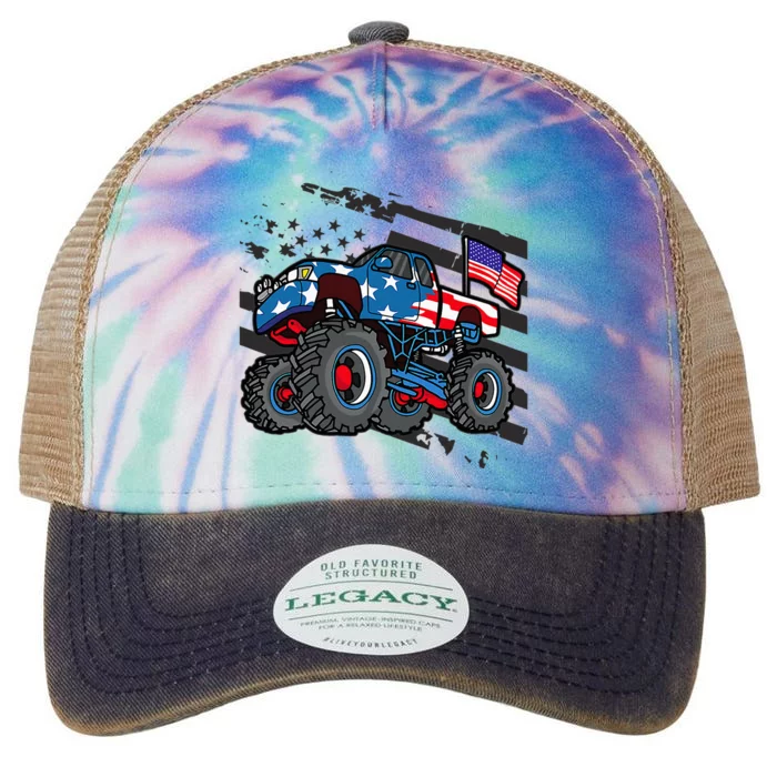 Monster Truck Lover American Flag Racing USA Patriotic Legacy Tie Dye Trucker Hat