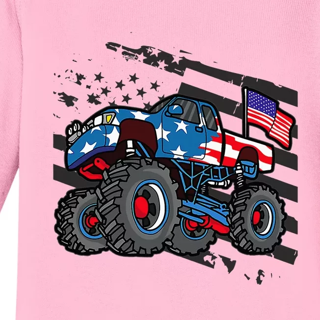 Monster Truck Lover American Flag Racing USA Patriotic Baby Long Sleeve Bodysuit