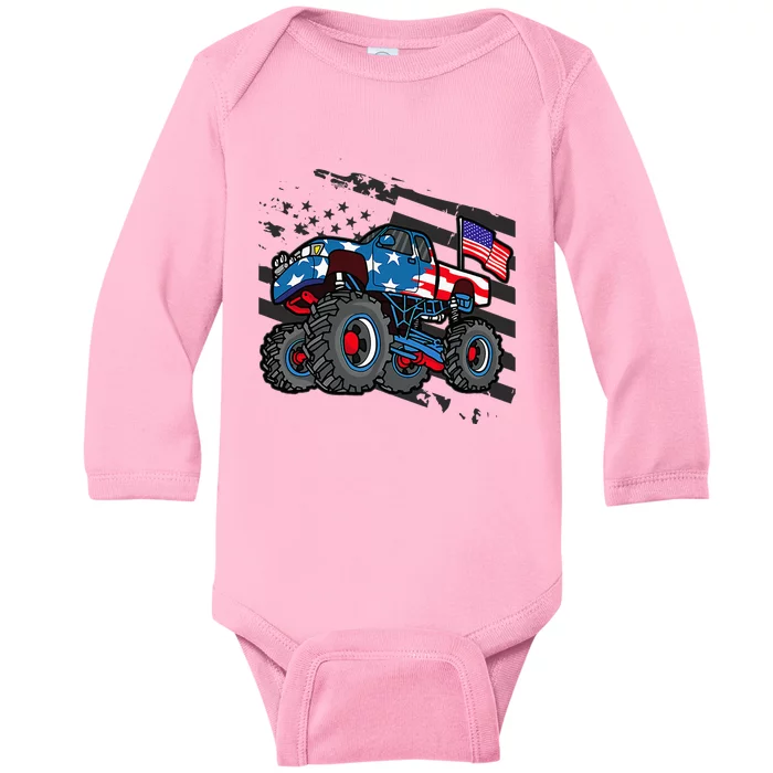 Monster Truck Lover American Flag Racing USA Patriotic Baby Long Sleeve Bodysuit