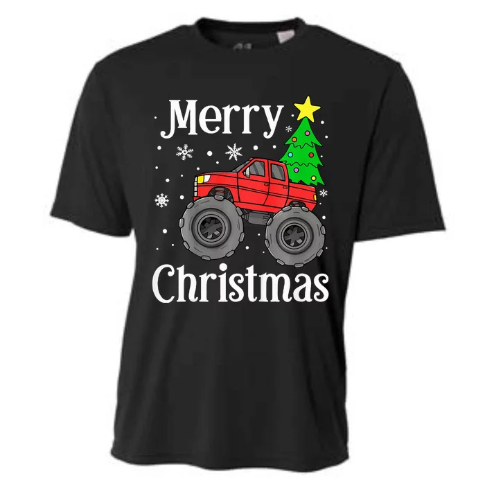 Monster Truck Merry Christmas Tree Snowflakes Cooling Performance Crew T-Shirt