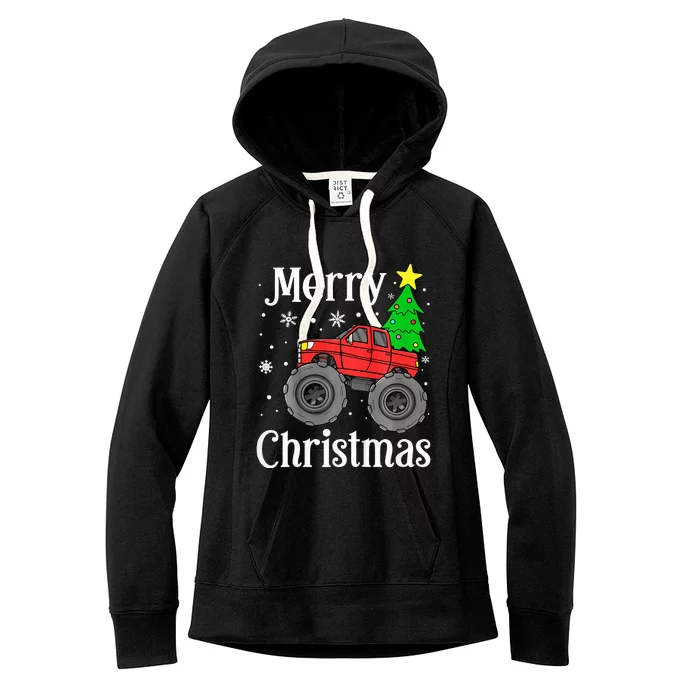 Monster Truck Merry Christmas Tree Snowflakes Women's Fleece Hoodie