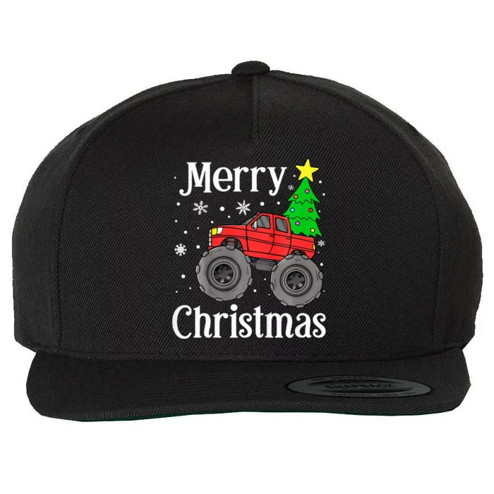 Monster Truck Merry Christmas Tree Snowflakes Wool Snapback Cap