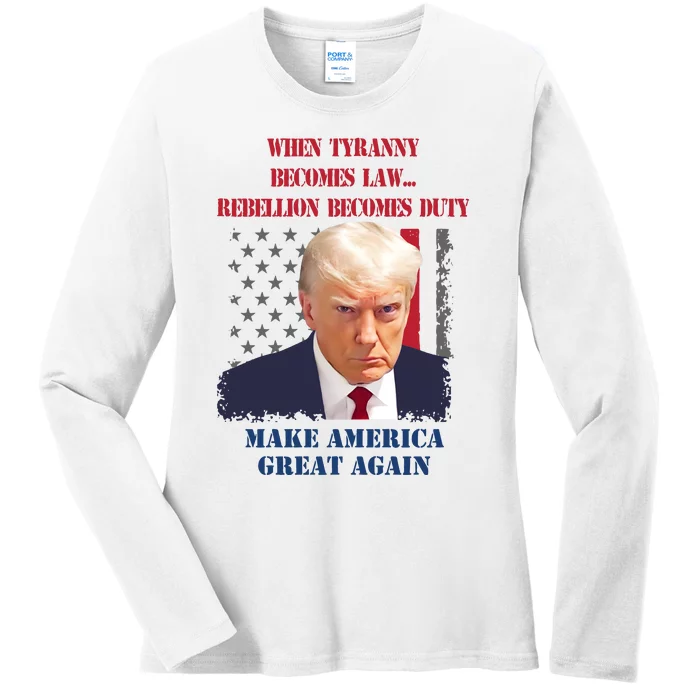 Marchstyle Trump Mugshot Innocent As Charged Trump Ladies Long Sleeve Shirt