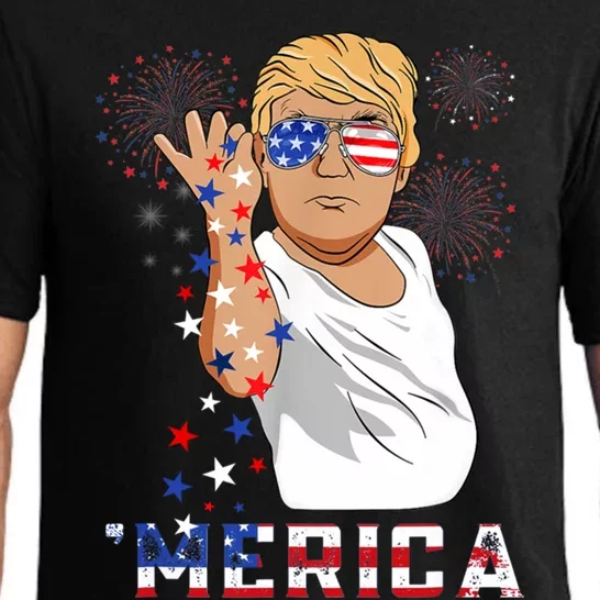 Merica Trump Outfits Glasses Firework 4th Of July Don Drunk Gift Pajama Set