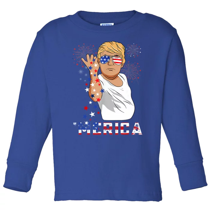 Merica Trump Outfits Glasses Firework 4th Of July Don Drunk Gift Toddler Long Sleeve Shirt