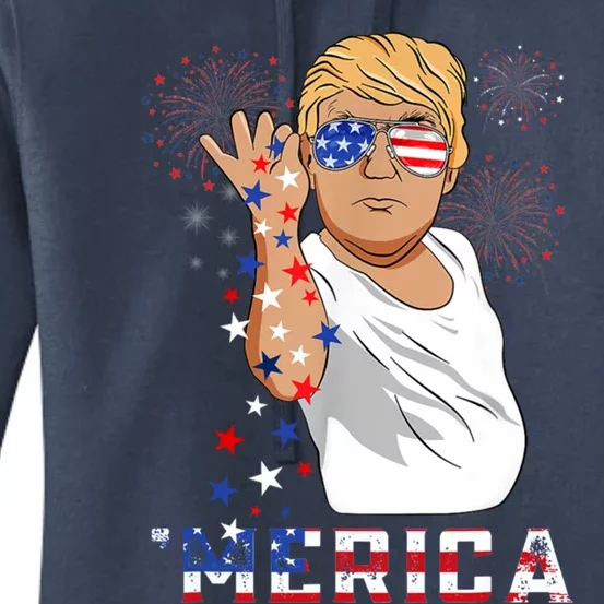 Merica Trump Outfits Glasses Firework 4th Of July Don Drunk Gift Women's Pullover Hoodie