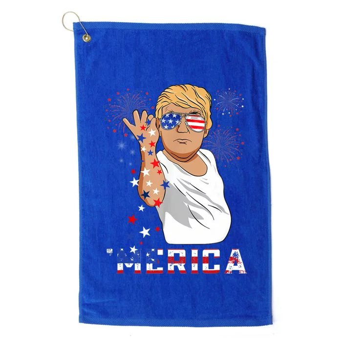 Merica Trump Outfits Glasses Firework 4th Of July Don Drunk Gift Platinum Collection Golf Towel