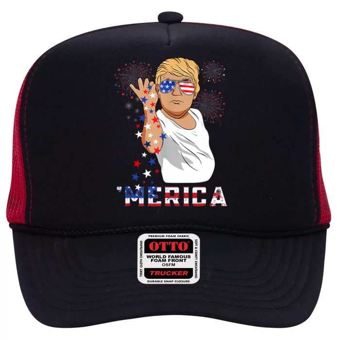 Merica Trump Outfits Glasses Firework 4th Of July Don Drunk Cute Gift High Crown Mesh Trucker Hat