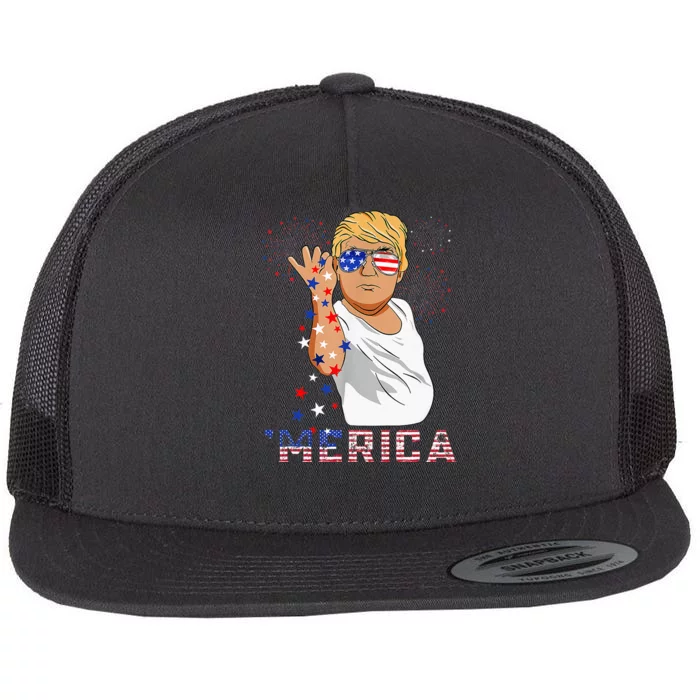 Merica Trump Outfits GlassesFirework 4th Of July Don Drunk Flat Bill Trucker Hat