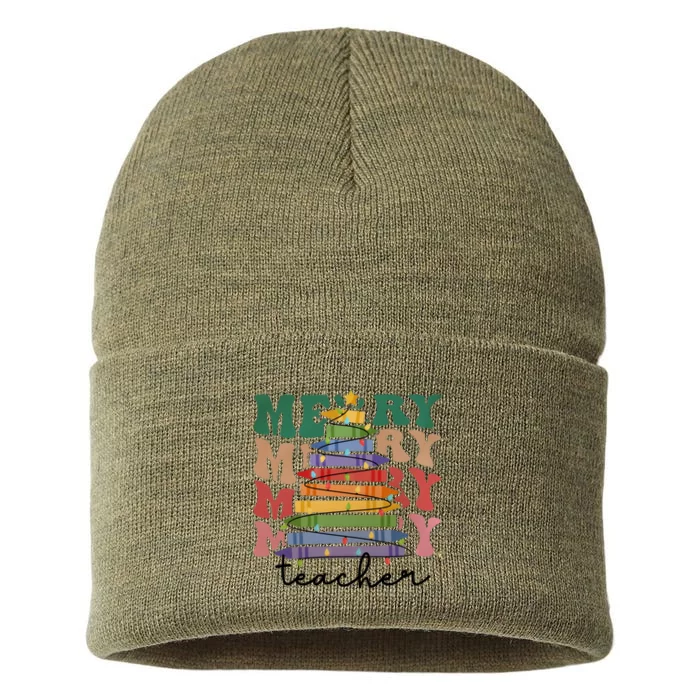 Merry Teacher Pencils Christmas Tree Sustainable Knit Beanie