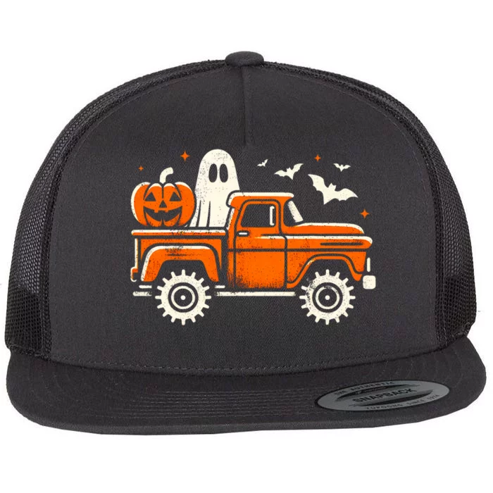 Monster Truck Pumpkin Ghost Halloween Flat Bill Trucker Hat