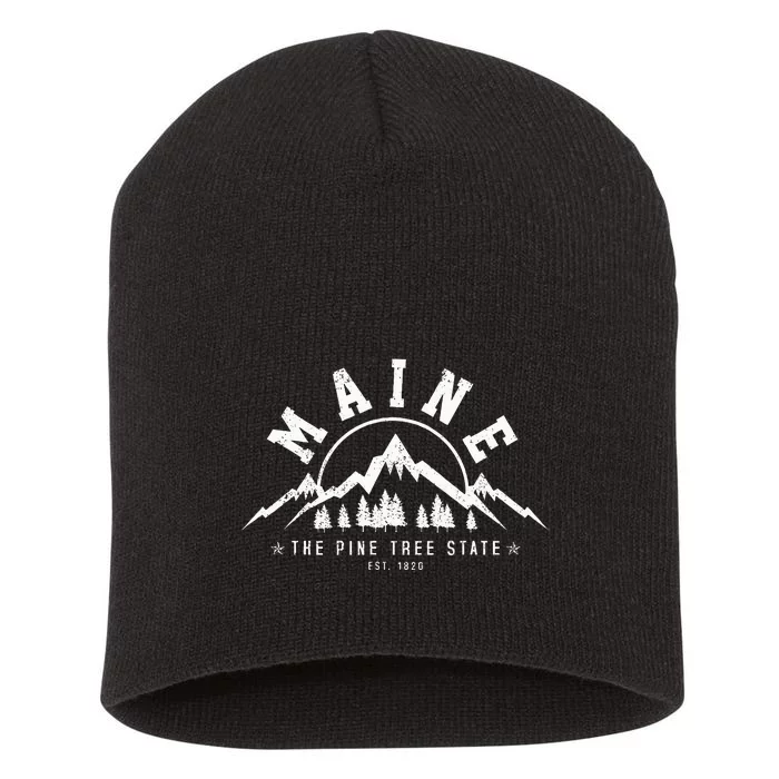 Maine The Pine Tree State Est. 1820 Vintage Mountains Short Acrylic Beanie