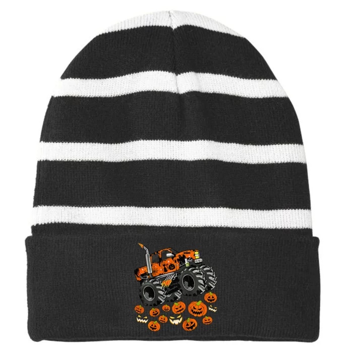 Monster Truck Pumpkin Jack O Lantern Halloween Boy Striped Beanie with Solid Band