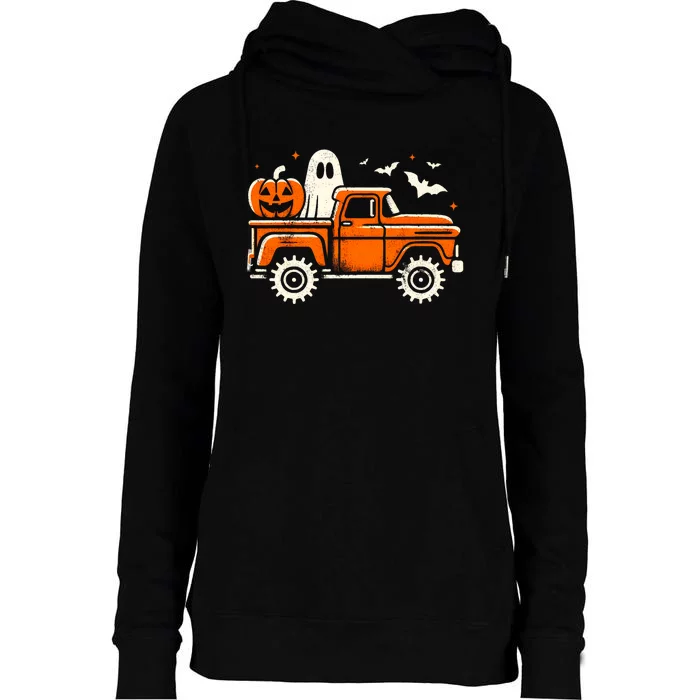 Monster Truck Pumpkin Ghost Halloween Womens Funnel Neck Pullover Hood