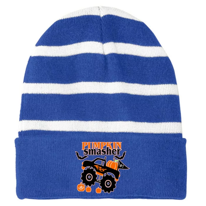 Monster Truck Pumpkin Smasher Funny Halloween Truck Gift Striped Beanie with Solid Band