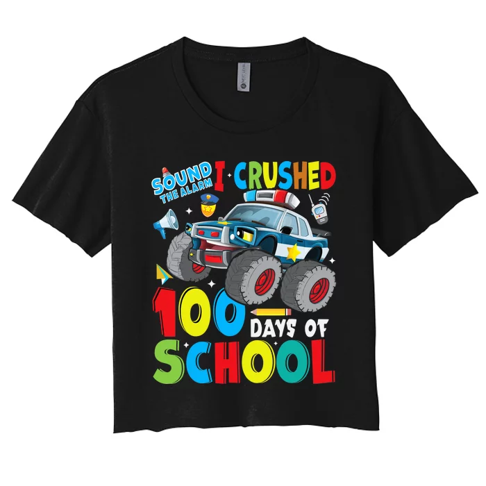 Monster Truck Police Car 100 Days of School Teachers Women's Crop Top Tee