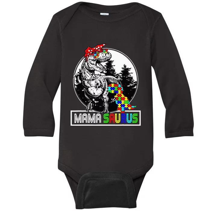 Mamasaurus T rex Dinosaur Mama Saurus Autism Awareness Baby Long Sleeve Bodysuit