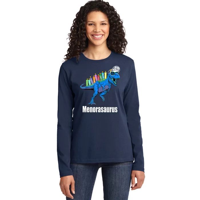 Menorasaurus T Rex Hanukkah Funny Dino Ladies Long Sleeve Shirt