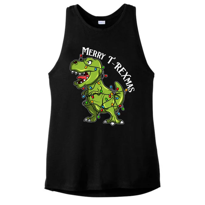 Merry T Rexmas Trex Christmas Ladies Tri-Blend Wicking Tank