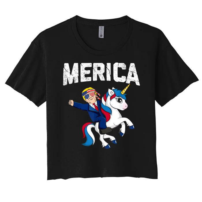 Merica Trump Riding Unicorn Funny Reelect Vote Donald 2020 Women's Crop Top Tee