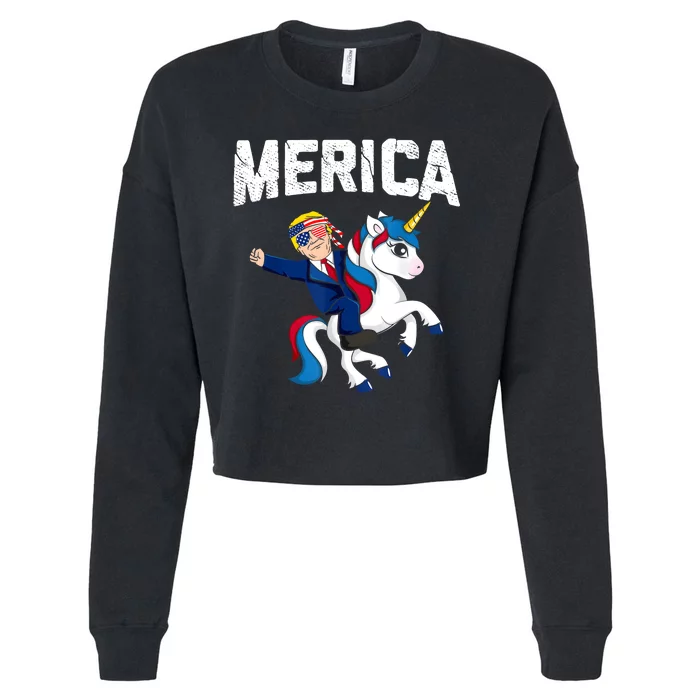 Merica Trump Riding Unicorn Funny Reelect Vote Donald 2020 Cropped Pullover Crew