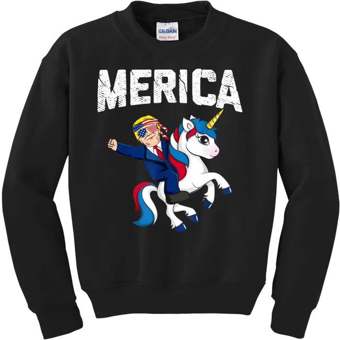 Merica Trump Riding Unicorn Funny Reelect Vote Donald 2020 Kids Sweatshirt