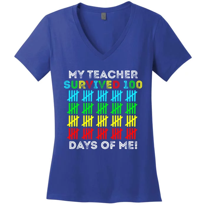 My Teacher Survived 100 Days Of Me 100 Days Of School Gift Women's V-Neck T-Shirt