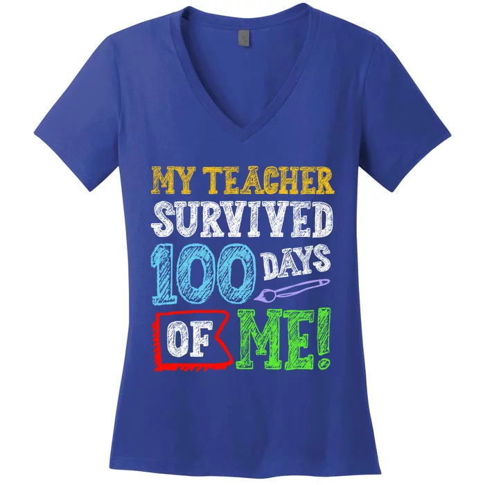 My Teacher Survived 100 Days Of Me 100 School Days Gift Women's V-Neck T-Shirt