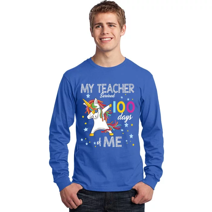 My Teacher Survived 100 Days Of Me 100th Day School Unicorn Cool Gift Tall Long Sleeve T-Shirt