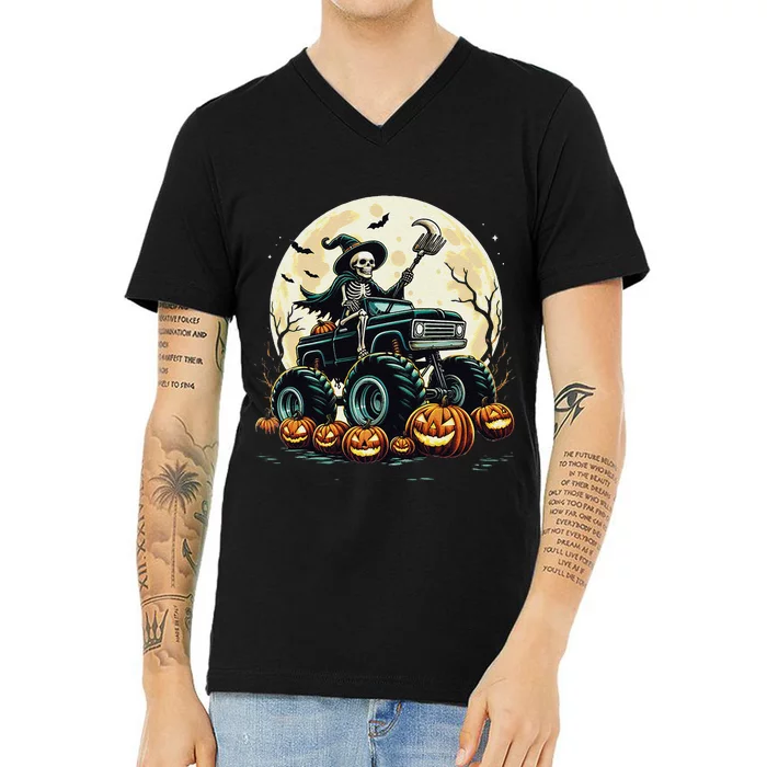 Monster Truck Skeleton Halloween Scary Skeleton Mummy V-Neck T-Shirt