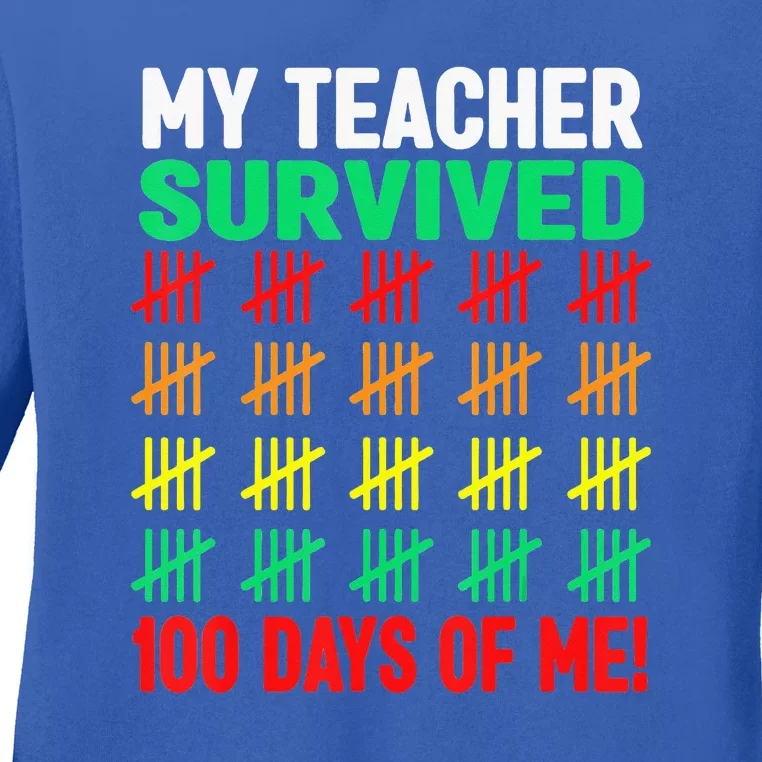 My Teacher Survived Funny 100 Days Of School Ladies Long Sleeve Shirt