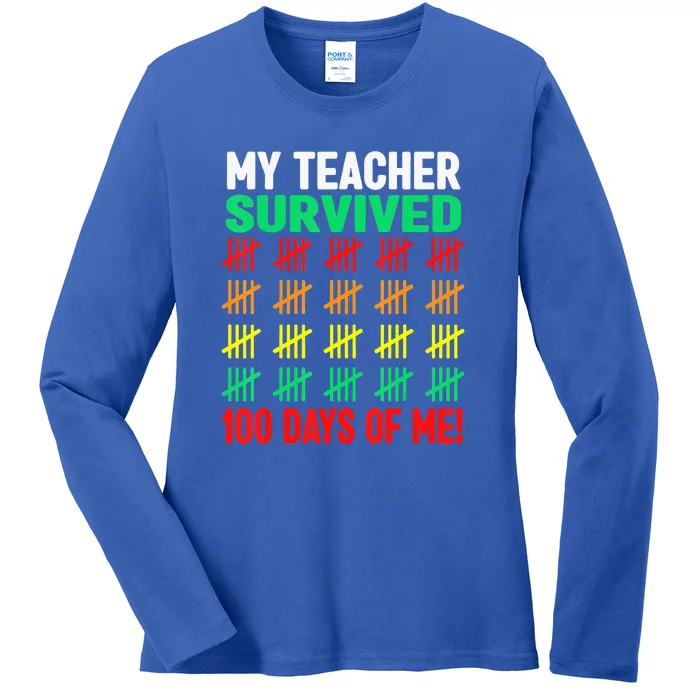 My Teacher Survived Funny 100 Days Of School Ladies Long Sleeve Shirt